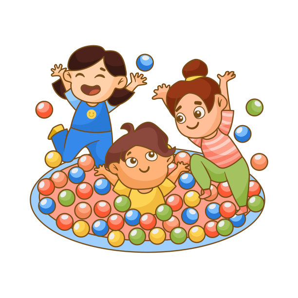 孩子们在游泳池玩彩色球卡通插画图片下载