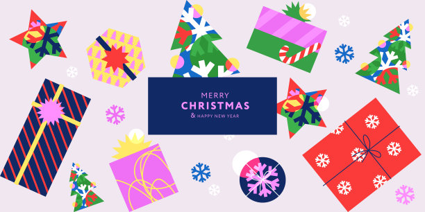 圣诞快乐和新年快乐的横幅。时髦的圣诞无缝图案与礼品盒，糖果拐杖，雪花，圣诞树。水平海报，贺卡，网站横幅，纸张，包装图片下载