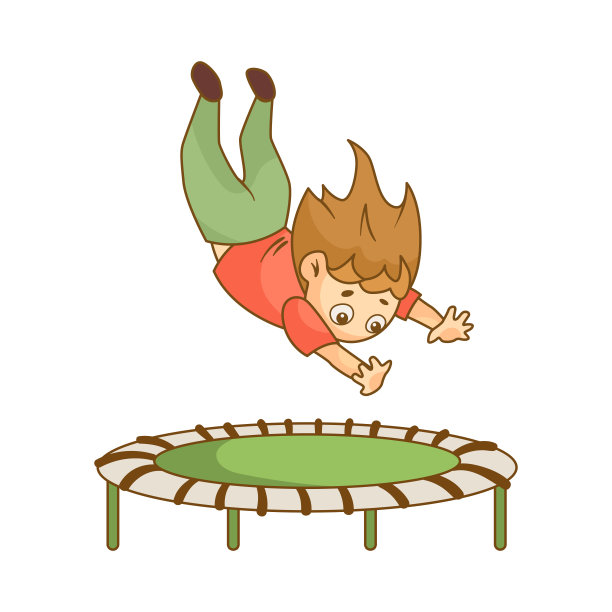 小女孩在绿色蹦床上跳来跳去的卡通插画图片下载