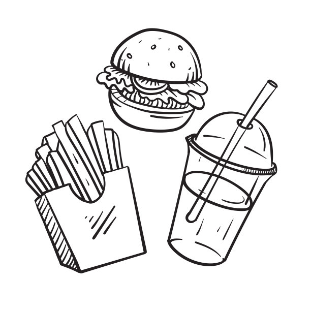 汉堡包、炸薯条和苏打水。快餐套餐。矢量插图在涂鸦风格。图片下载