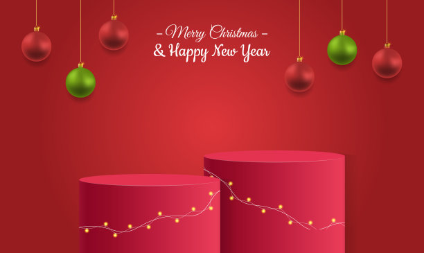 带有产品展示台和3d圣诞玩具的圣诞横幅。圣诞红色产品展示台基背景图片下载