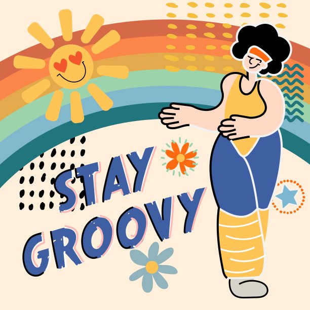 保持时髦的字体与复古嬉皮风格。好氛围贴纸设计模板。矢量复古复古卡通人物插画。有趣的嬉皮花，印有标语的t恤，海报。图片下载