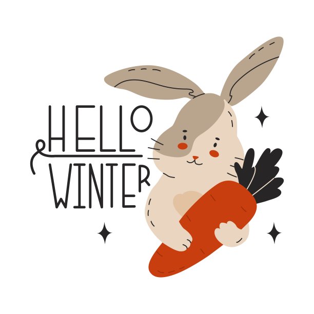 兔子和胡萝卜和一句话你好冬天。兔子是中国新年的象征。圣诞节或复活节兔子的贺卡。星座。卡通风格的矢量插图图片下载