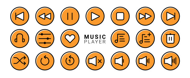 以填充线样式的媒体播放器图标集。音乐，界面，设计媒体播放器按钮集合。矢量插图。图片下载