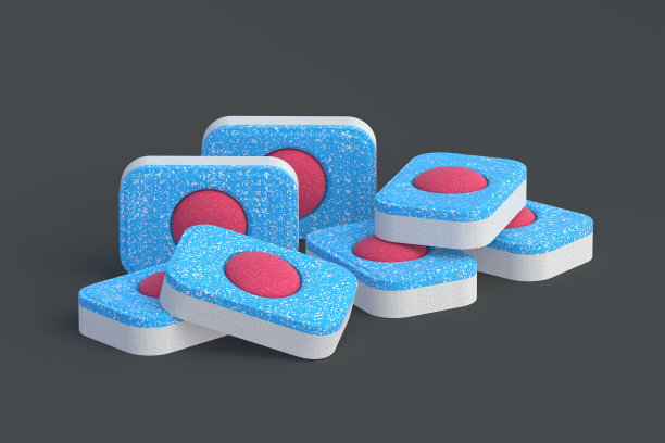 堆洗碗机洗涤剂药片在黑暗的背景。三维渲染图片下载