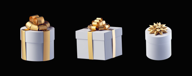 3d渲染，白色和金色圣诞礼盒，集节日剪辑艺术元素孤立在黑色背景图片下载