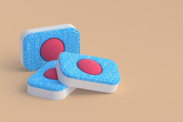 洗碗机洗涤剂片在白鸽背景。副本的空间。三维渲染图片下载