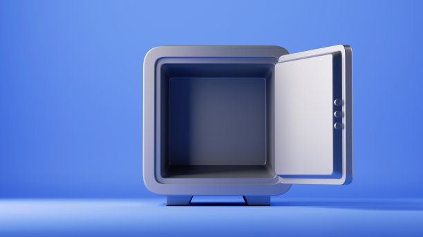 3d渲染，金币从打开的保险箱中掉落，隔离在蓝色背景上。储蓄保护概念。银行说明图片下载