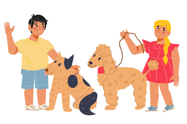 快乐的孩子和他们的狗。孩子们喜欢动物，媒介被孤立。图片下载