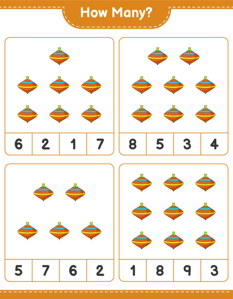 数数游戏，有多少个旋转玩具。教育儿童游戏，可打印的工作表，矢量插图图片下载