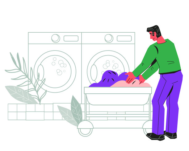 男子在公共洗衣房叠洗过的衣服平矢插图孤立。图片下载