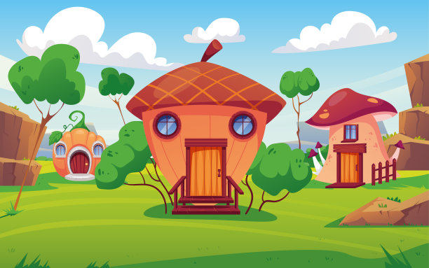 森林魔法侏儒仙人梦幻屋村插画概念。矢量平面设计插画元素图片下载