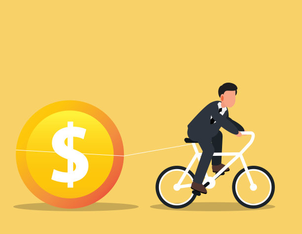 商人骑着自行车和钱。图片下载