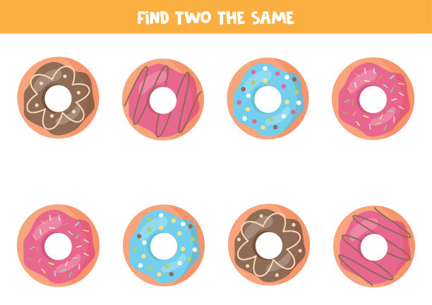 找两个同样颜色的美味甜甜圈。儿童逻辑游戏。图片下载