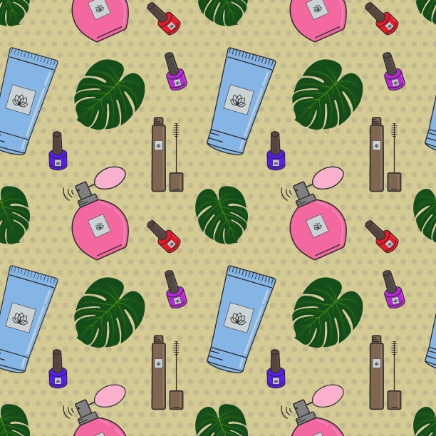 矢量无缝图案的化妆品。面霜，口红，指甲油，面膜。化妆品店，美容院，明信片设计，印刷在包装纸和包装。有化妆品的横幅。图片下载