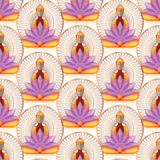 金曼陀罗和莲花上的无缝坐佛。深奥的矢量插图。复古装饰文化背景。印度，佛教，精神艺术。黄金、灵性、泰国神、瑜伽图片下载