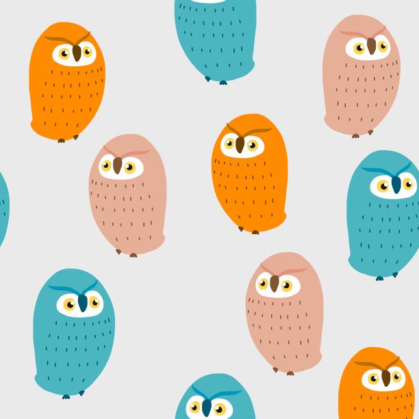 色彩鲜艳的猫头鹰卡通极简风格无缝图案矢量插画设计图片下载
