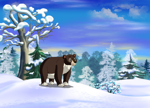冬天森林中的熊插画图片下载