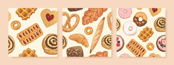 一套无缝模式与手绘烘焙产品。法棍面包，羊角面包，奶油蛋糕，纸杯蛋糕和甜甜圈的水彩逼真的详细矢量插画图片下载