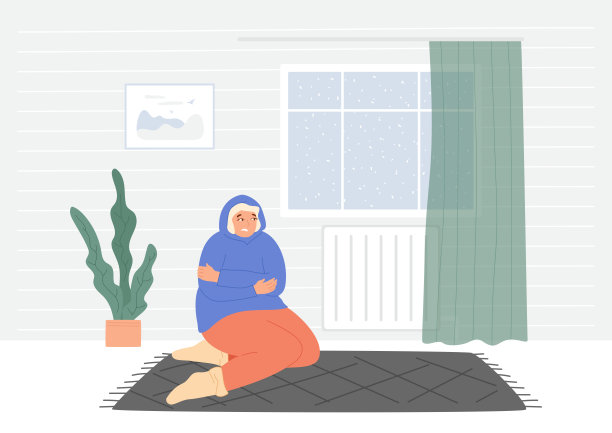 一名妇女在家里的冷电池附近发抖。窗外是冬天，寒冷多雪的季节。图片下载