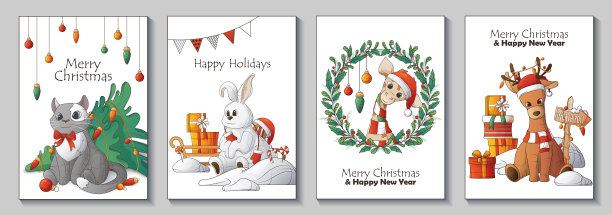 矢量套新年和圣诞卡片的孩子。图片下载