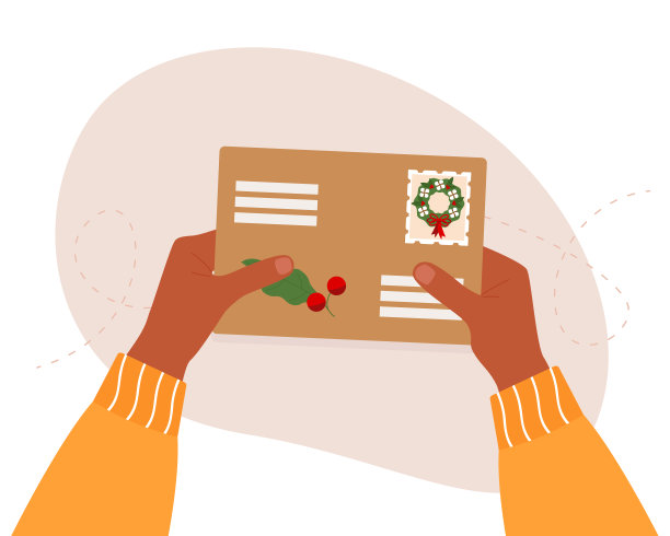 手拿着一个贴有邮票的信封。桌面俯视图。邮寄的:用邮寄方式寄信或通信的圣诞节邮件。矢量图图片下载