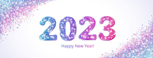 2023年闪闪发光的数字。蓝色到粉红色渐变。新年好横幅。背景与彩色闪光粉尘。图片下载