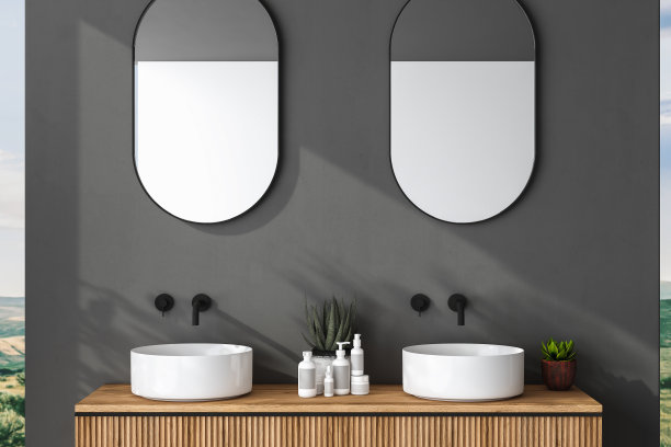 特写的双水槽与椭圆形镜子站在灰色的墙壁，木质橱柜与黑色水龙头在极简主义浴室。前视图。三维渲染图片下载