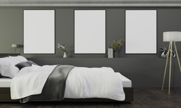 模拟海报框架在木地板现代室内的床后面的房间孤立在黑暗的背景，3D渲染，3D插图图片下载