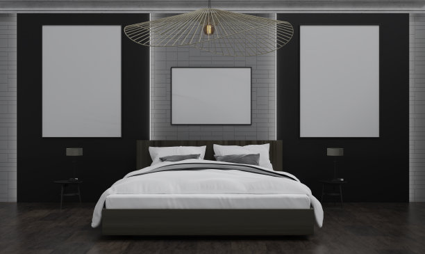 模拟海报框架在木地板现代室内的床后面的房间孤立在黑暗的背景，3D渲染，3D插图图片下载