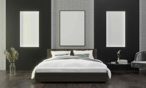 模拟海报框架在木地板现代室内的床后面的房间孤立在黑暗的背景，3D渲染，3D插图图片下载