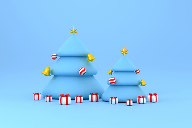 圣诞树上有星星、铃铛和礼品盒。圣诞快乐，新年快乐。图片下载