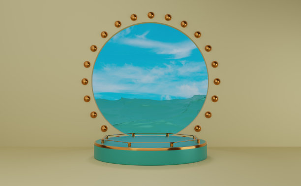 绿色讲台空与水面和蓝色天空米色组成的现代舞台展示和极简主义的模型，抽象的橱窗背景，概念3d插图或3d渲染图片下载
