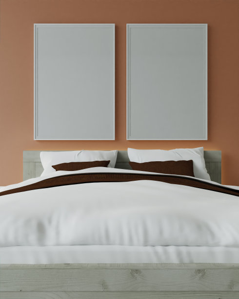 模拟海报框架在木地板现代室内的床后面，在卧室隔离光背景，3D渲染，3D插图图片下载