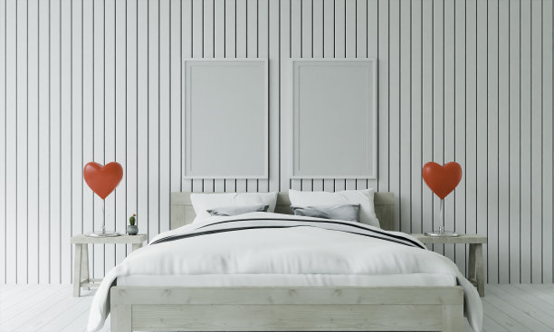 模拟海报框架在木地板现代室内的床后面，在卧室隔离光背景，3D渲染，3D插图图片下载