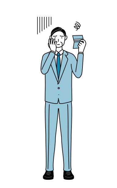 简单的线条画插图的老年商人，高管，经理和总裁看着他的银行存折，感到沮丧。图片下载