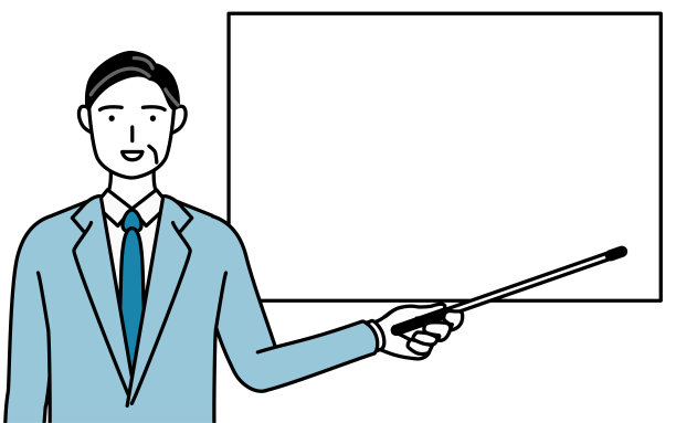简单的线条绘制插图的老年商人，高管，经理和总裁指着白板与指示棒。图片下载