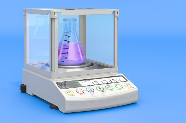 分析天平，蓝色背景化学瓶数字实验室秤，3D渲染图片下载