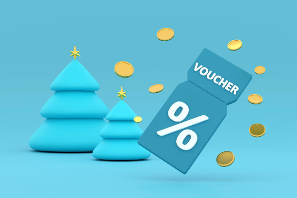 有百分号和硬币的折扣券。代金券卡返现圣诞树。图片下载