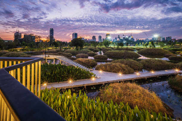 曼谷城市天际线的benakitti公园，Ratchadapisek路，klontoei商业区城市夜景，泰国图片下载