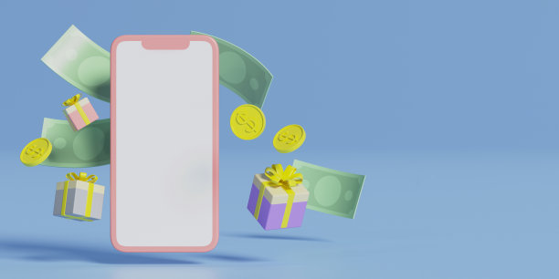 智能手机，彩色背景的钱。现金返还或现金礼品的概念。三维渲染图片下载