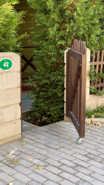 木门进入私人院子与绿色灌木图片下载