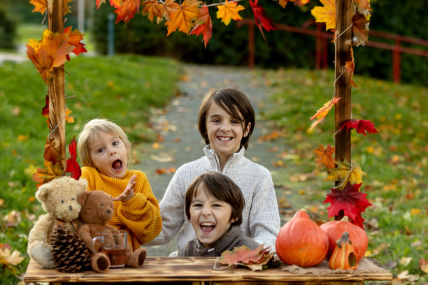 可爱的金发幼童和兄弟姐妹，站在秋天的木架旁边装饰，苹果，树叶，马克杯，刺猬在公园里图片下载