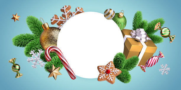 3d渲染，圣诞横幅在蓝色背景。空白的圆形框架装饰节日饰品，玻璃球，糖果，包装礼品盒和绿色云杉树枝。节日贺卡模板图片下载