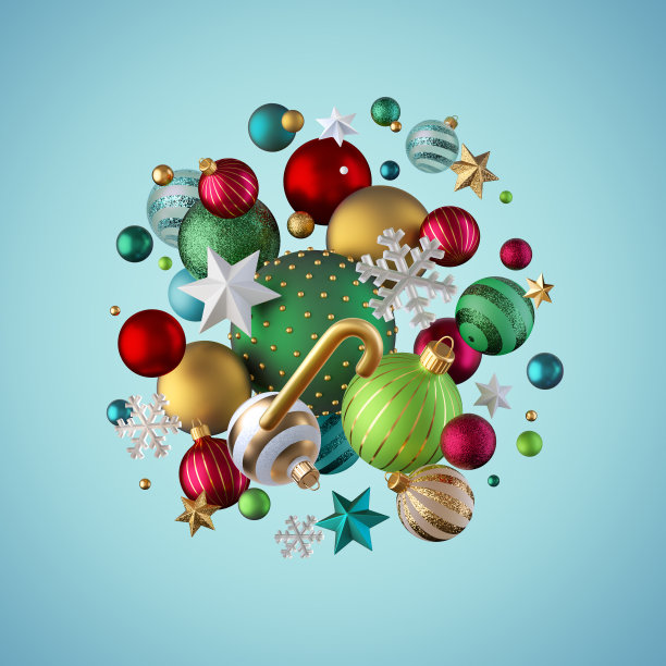 3d渲染，各色红绿金圣诞装饰品:玻璃球，星星和糖果，孤立在蓝绿色的背景上。节日的壁纸图片下载