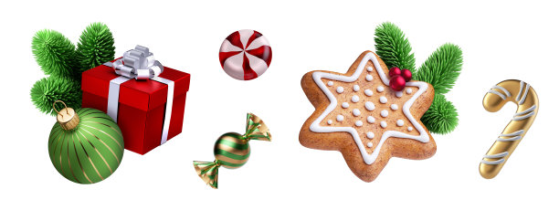3d渲染，套传统圣诞饰品和装饰品。冬季假期剪辑艺术孤立在白色背景。收集节日安排图片下载