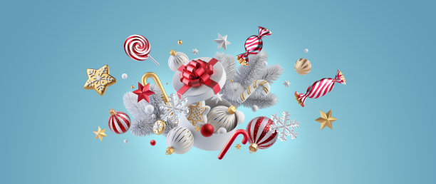 3d渲染，红白金色圣诞装饰品:玻璃球，礼品盒，星星和糖果，孤立在蓝绿色的背景。季节性假日墙纸图片下载