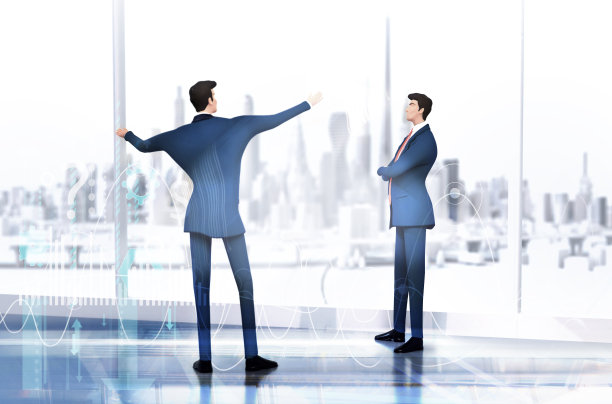 两个成功的商人谈论金钱。矩阵类型背景。3D效果图图片下载