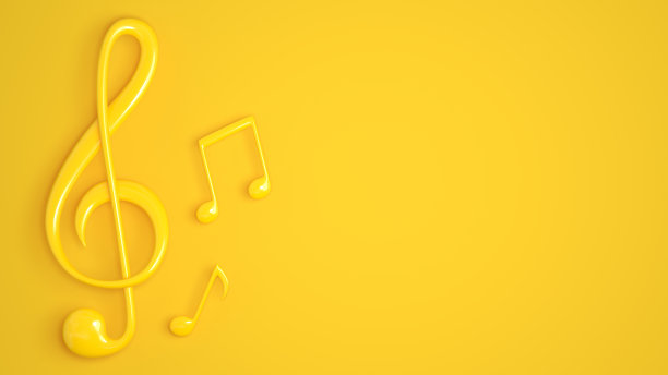 黄色背景上的高音谱号和音符。音乐事件或节日的现代横幅设计。3D渲染图像。图片下载