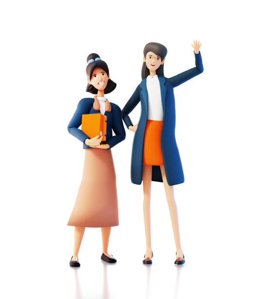 两个年轻的女上班族挥手打招呼。快乐企业工人3D渲染人物插画图片下载